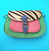 Load image into Gallery viewer, Nephele Leather Crossbody Buckle Saddle Bag - Pink, Green & Zebra Print