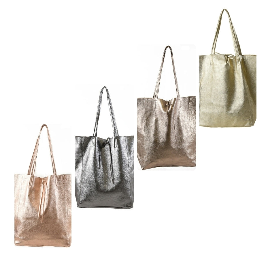 The Santorini Italian Leather Tote/Shopper Bag - Metallic Rose Gold