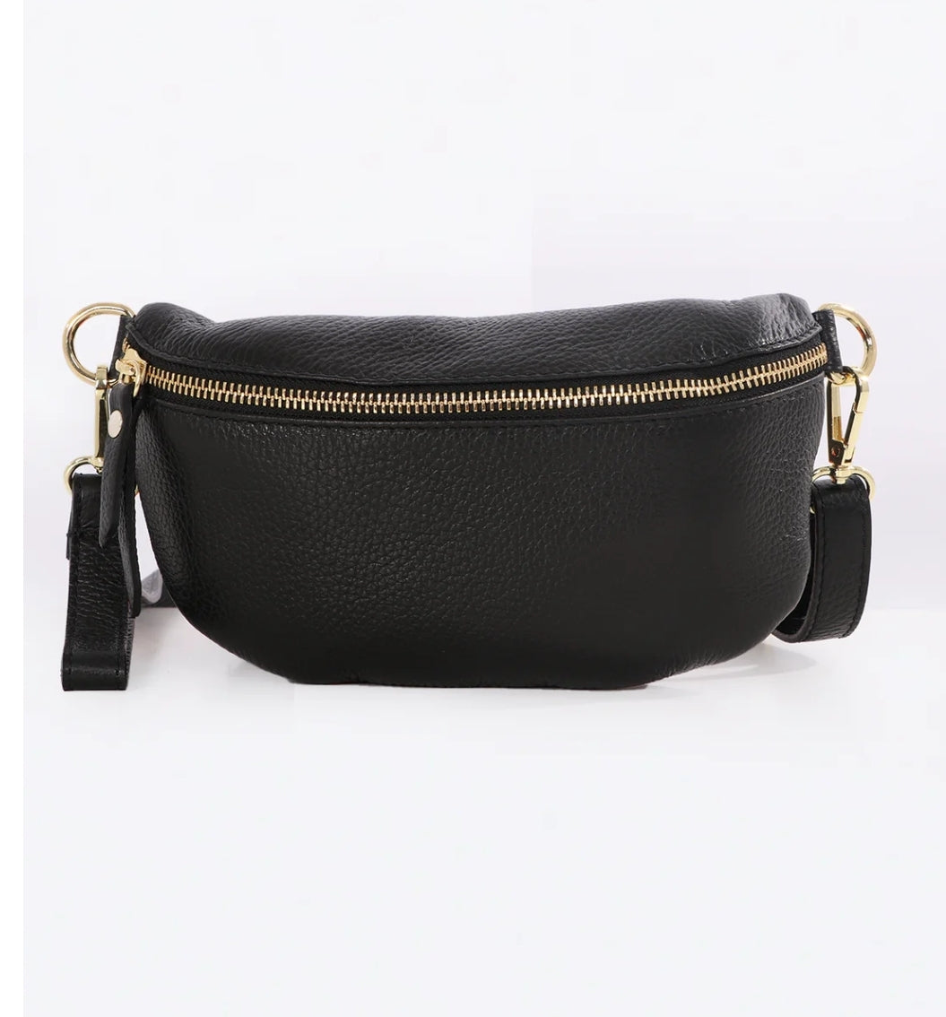 The Aria Italian Leather Waist Bag / Crossbody Bag - Black