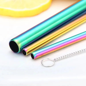 Eco- Friendly Metal Re-Usable Straws - Rainbow colour straws in blue pouch