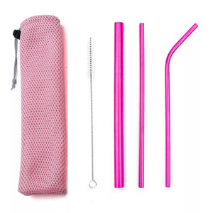 Eco- Friendly Metal Re-Usable Straws - Hot pink straws in pink pouch