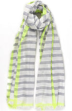 Load image into Gallery viewer, Navy blue and White stripe scarf with neon yellow colour block
