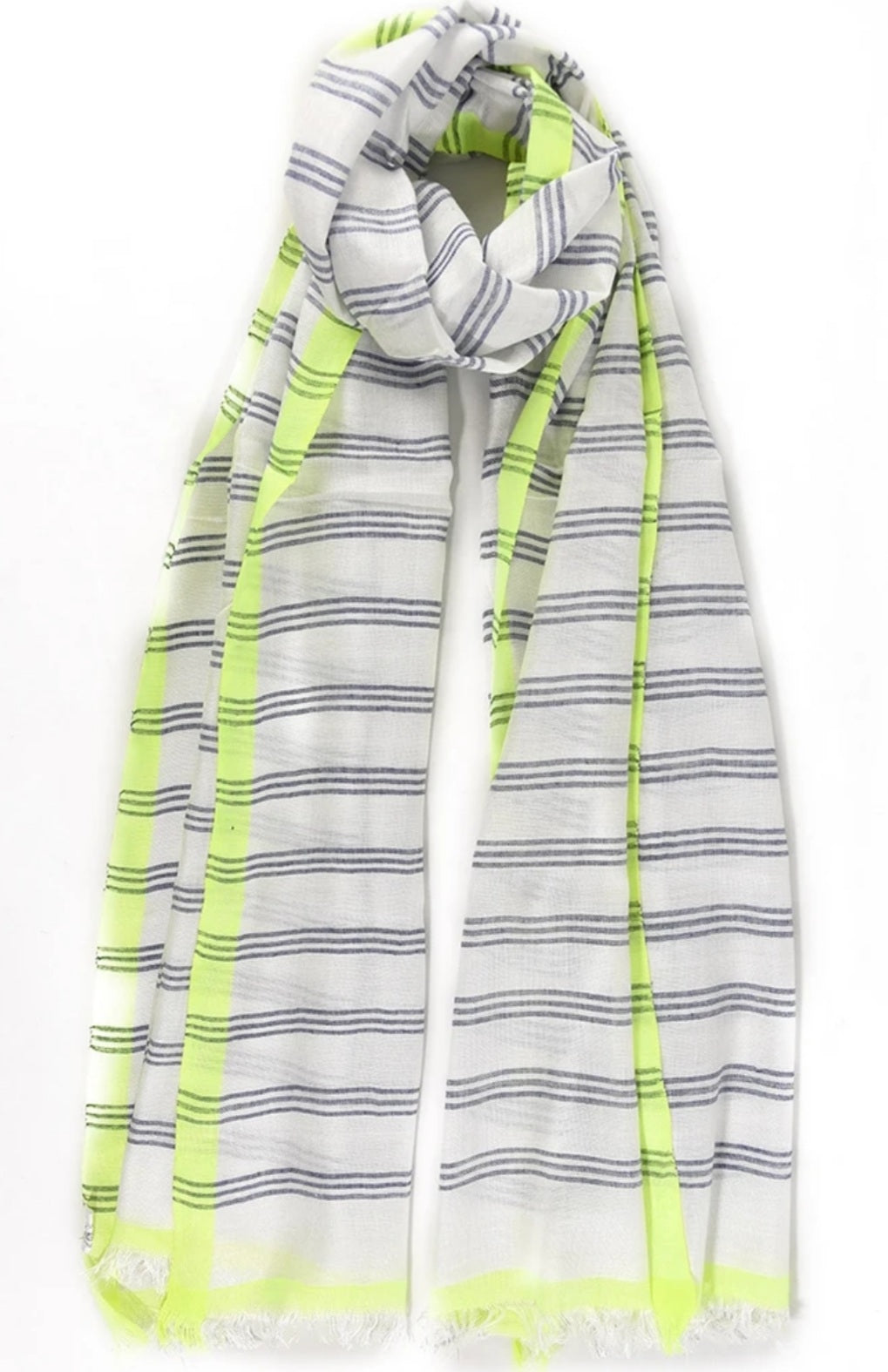 Navy blue and White stripe scarf with neon yellow colour block