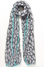 Load image into Gallery viewer, Grey leopard print scarf with turquoise trim
