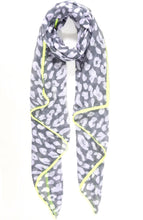 Load image into Gallery viewer, Grey leopard print scarf with neon yellow trim
