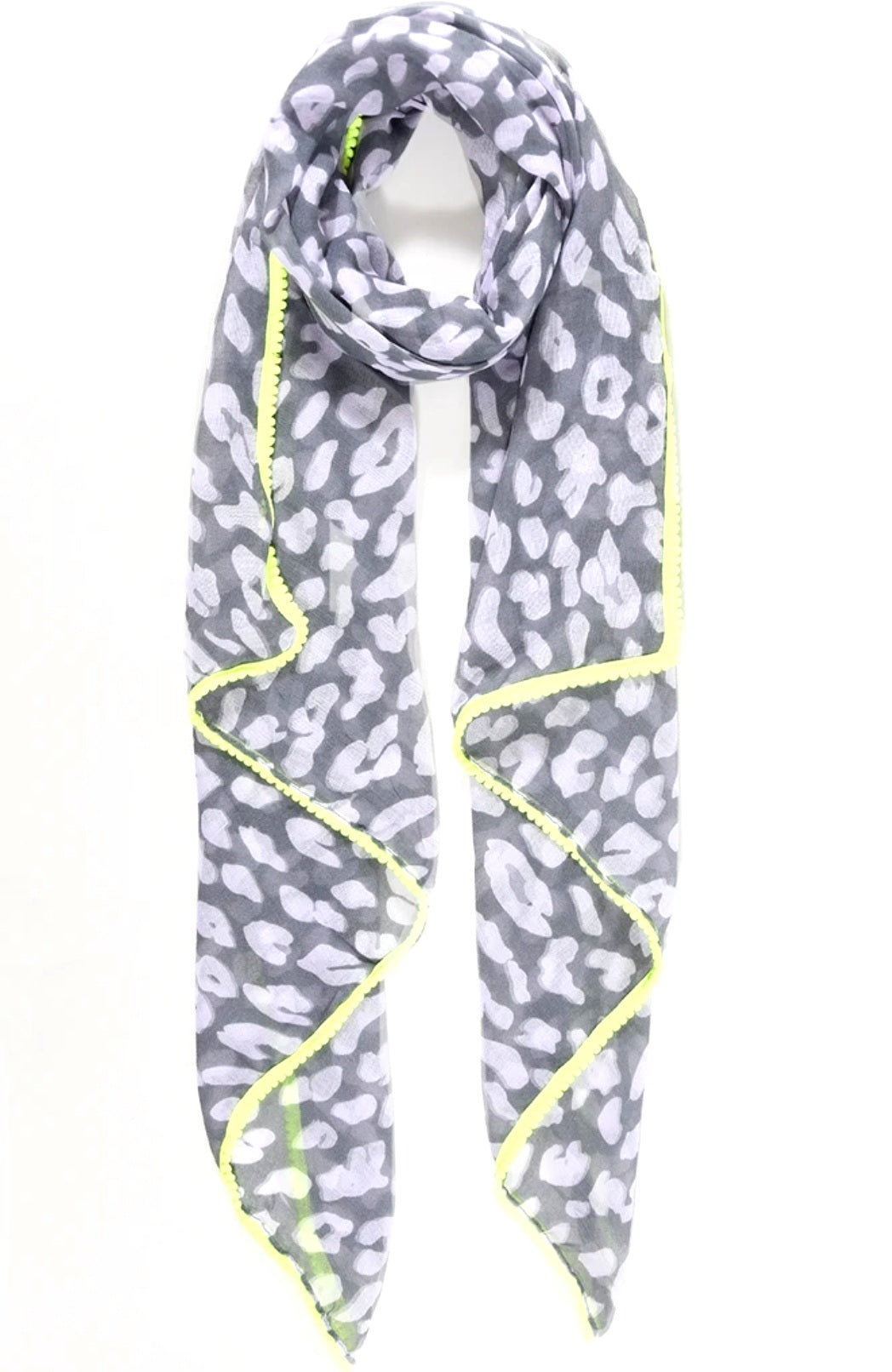 Grey leopard print scarf with neon yellow trim