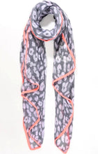 Load image into Gallery viewer, Grey leopard print scarf with neon coral trim
