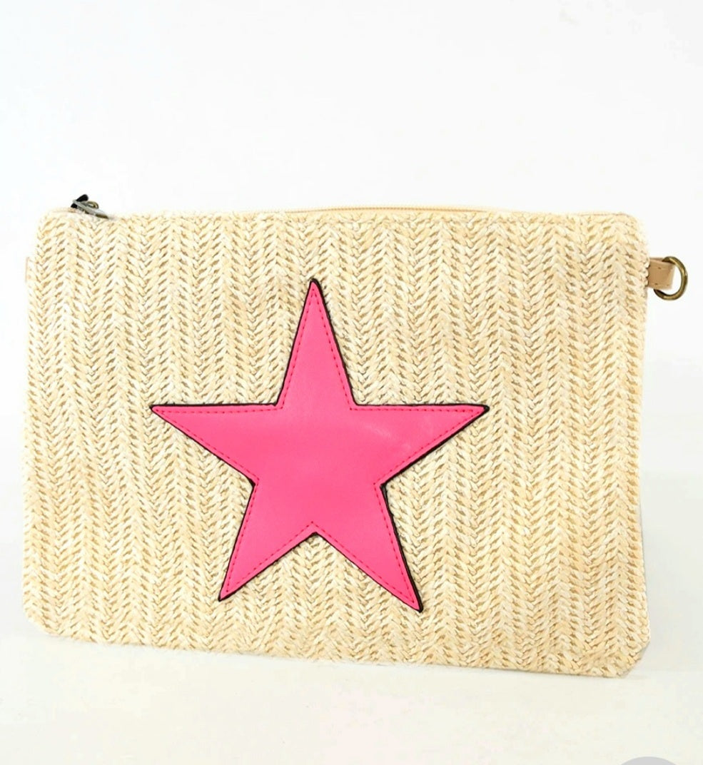 Cream with hot pink star rattan bag