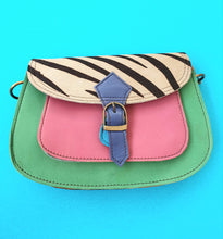 Load image into Gallery viewer, Nephele Leather Crossbody Buckle Saddle Bag - Pink, Green &amp; Zebra Print
