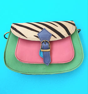 Nephele Leather Crossbody Buckle Saddle Bag - Pink, Green & Zebra Print