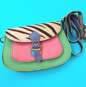 Nephele Leather Crossbody Buckle Saddle Bag - Pink, Green & Zebra Print