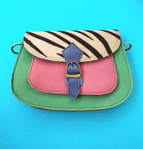 Nephele Leather Crossbody Buckle Saddle Bag - Pink, Green & Zebra Print