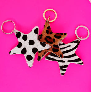 Leather Star Keyring - Leopard Print