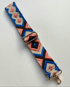 Bag Strap - Cobalt Blue, black, Cream & Coral Aztec