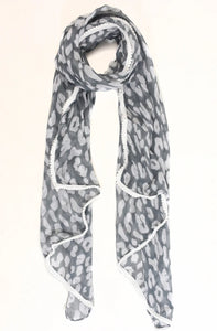 Grey leopard print scarf with white trim