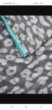 Load image into Gallery viewer, Grey leopard print scarf with turquoise trim
