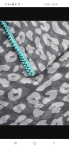 Grey leopard print scarf with turquoise trim