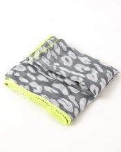 Load image into Gallery viewer, Grey leopard print scarf with neon yellow trim
