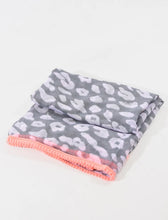 Load image into Gallery viewer, Grey leopard print scarf with neon coral trim
