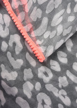 Load image into Gallery viewer, Grey leopard print scarf with neon coral trim
