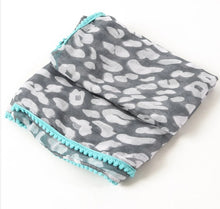 Load image into Gallery viewer, Grey leopard print scarf with turquoise trim
