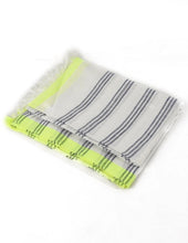 Load image into Gallery viewer, Navy blue and White stripe scarf with neon yellow colour block
