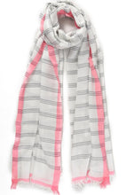 Load image into Gallery viewer, Grey and White stripe scarf with neon pink colour block
