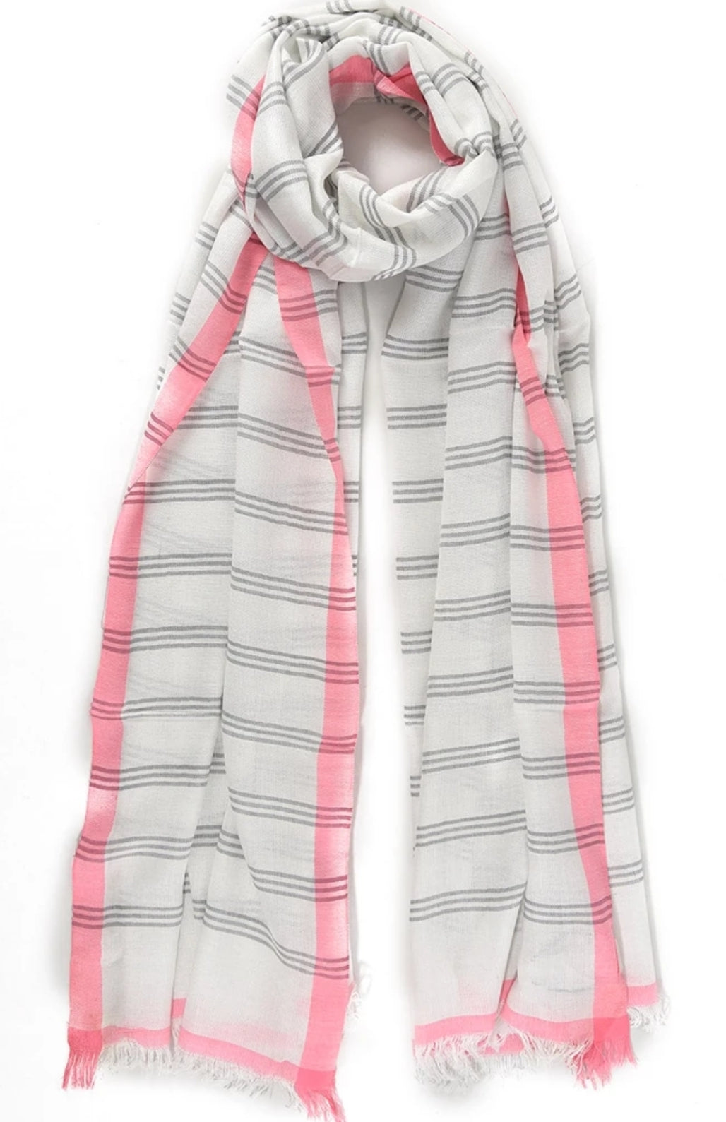 Grey and White stripe scarf with neon pink colour block