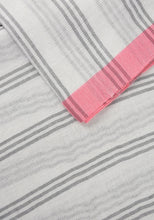 Load image into Gallery viewer, Grey and White stripe scarf with neon pink colour block
