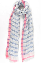 Load image into Gallery viewer, Blue and White stripe scarf with pink colour block
