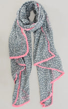 Load image into Gallery viewer, Grey micro animal print scarf with neon pink trim
