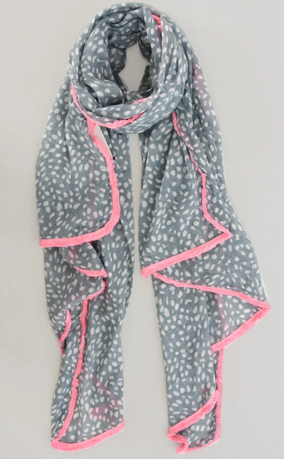 Grey micro animal print scarf with neon pink trim