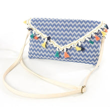 Load image into Gallery viewer, Blue multi tassle clutch/shoulder bag
