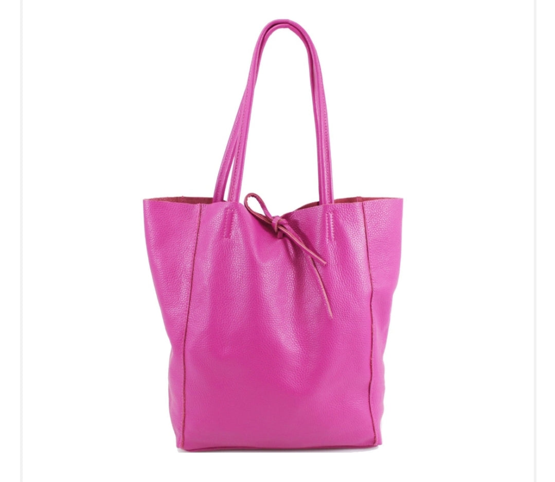 The Santorini Italian Leather Tote Shopper Bag Fushcia Pink Neonstar