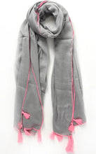 Load image into Gallery viewer, Grey lightweight scarf with neon pink tassels
