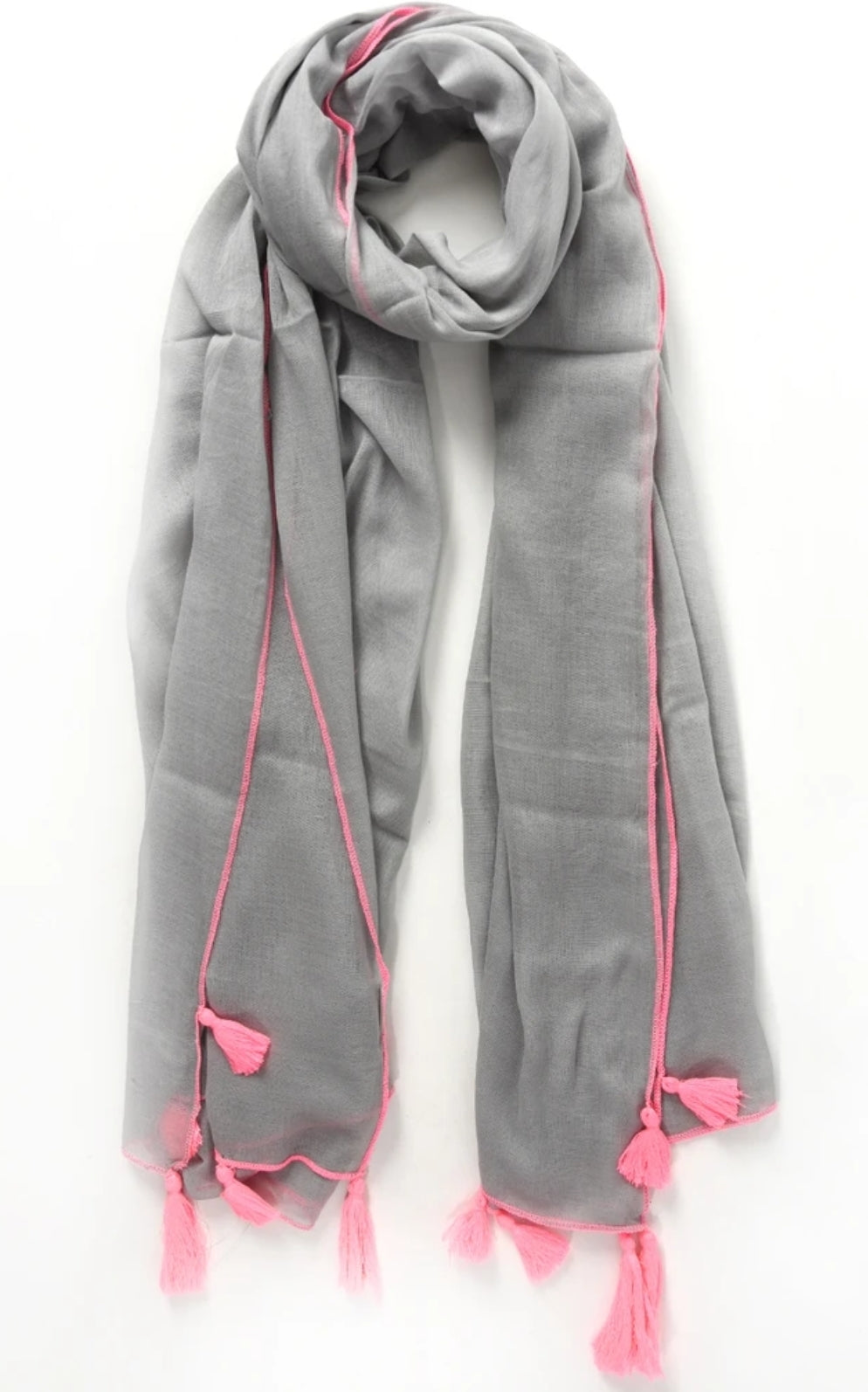 Grey lightweight scarf with neon pink tassels