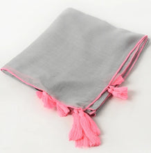 Load image into Gallery viewer, Grey lightweight scarf with neon pink tassels
