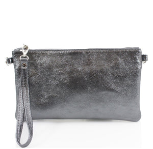 The Talia Metallic Leather Clutch Bag - Dark Grey