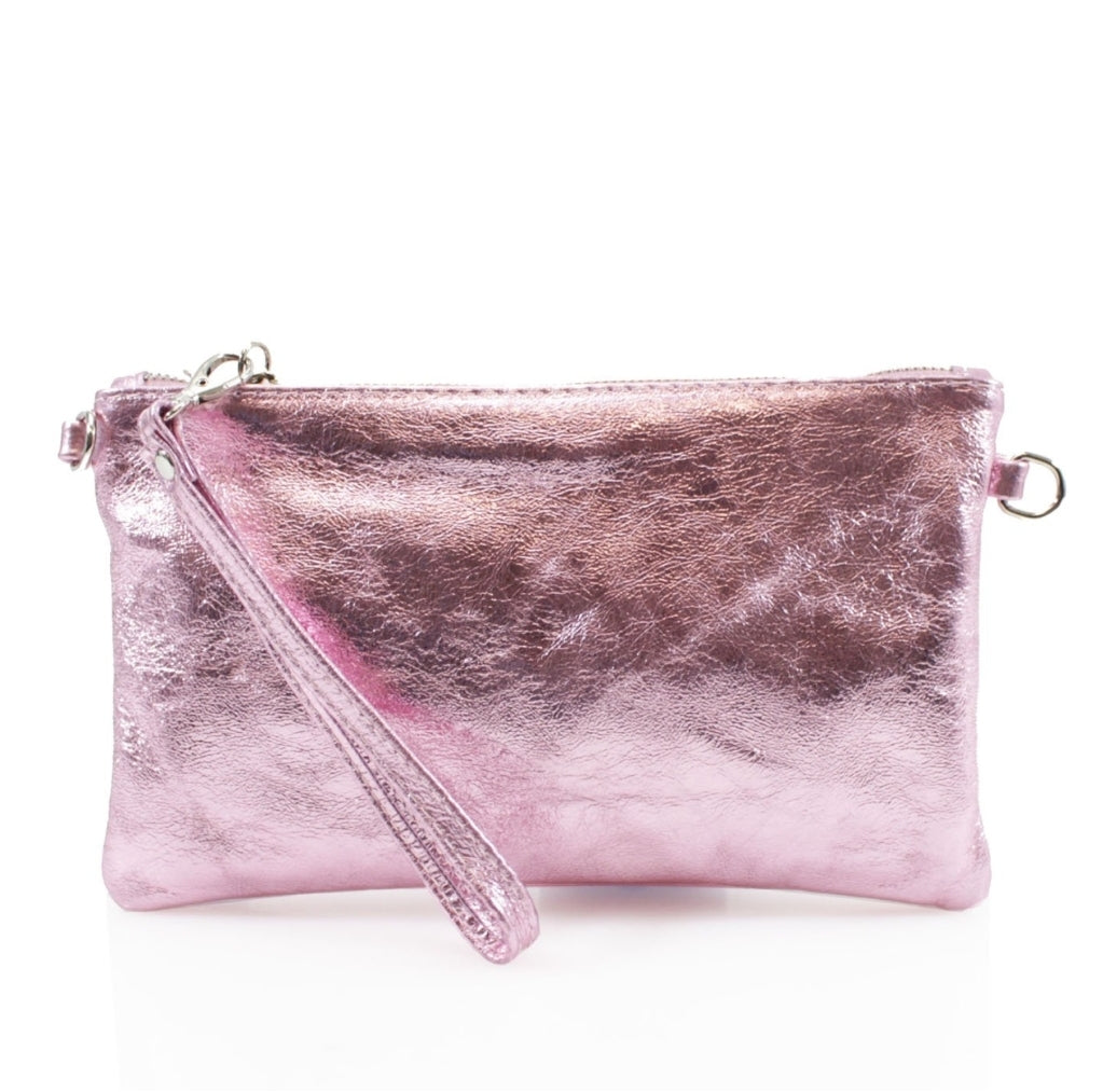 The Talia Metallic Leather Clutch Bag - Pink