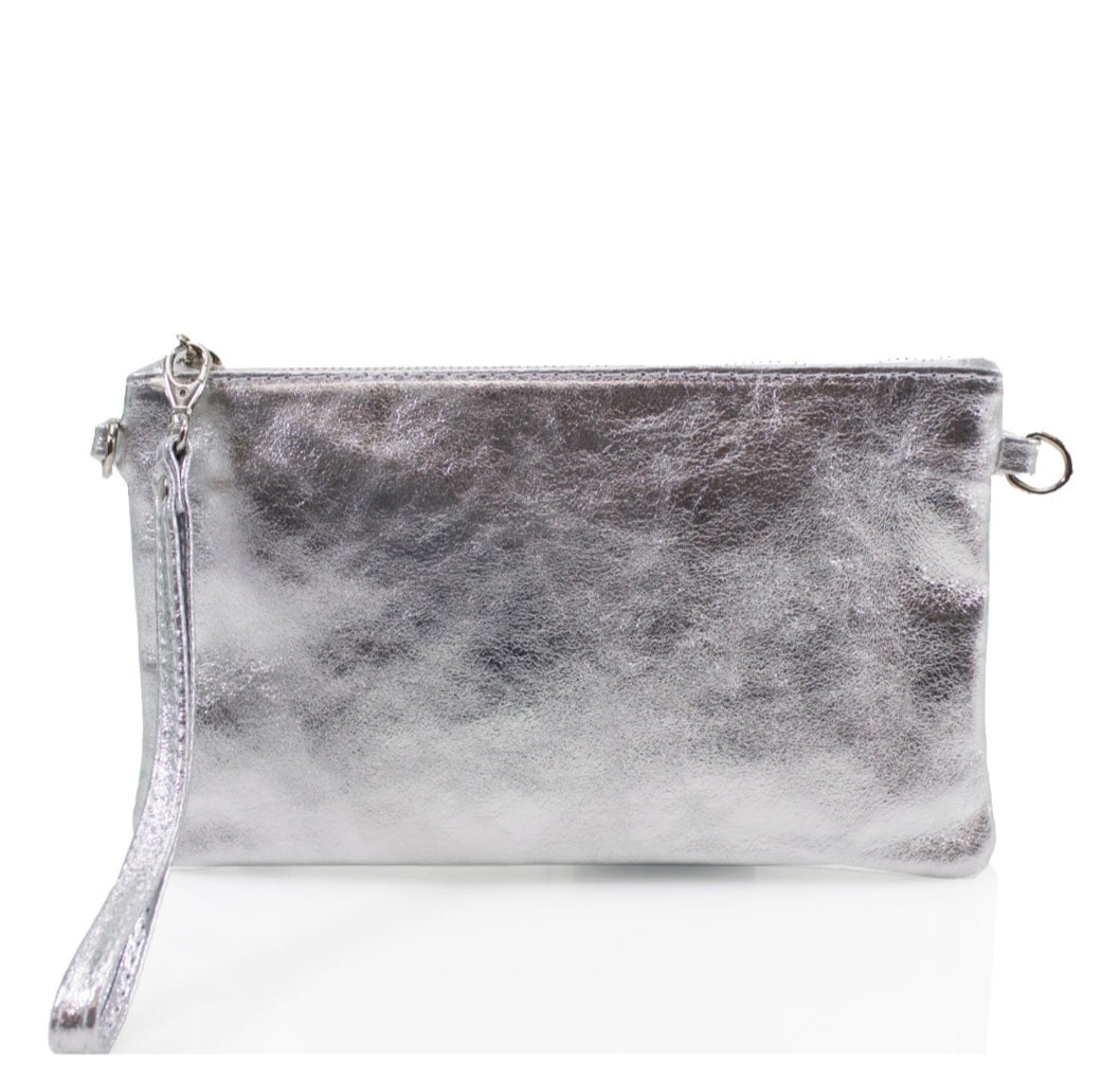 The Talia Metallic Leather Clutch Bag - Silver