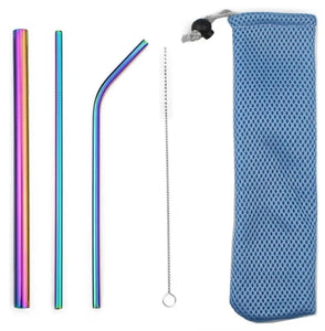 Eco- Friendly Metal Re-Usable Straws - Rainbow colour straws in blue pouch