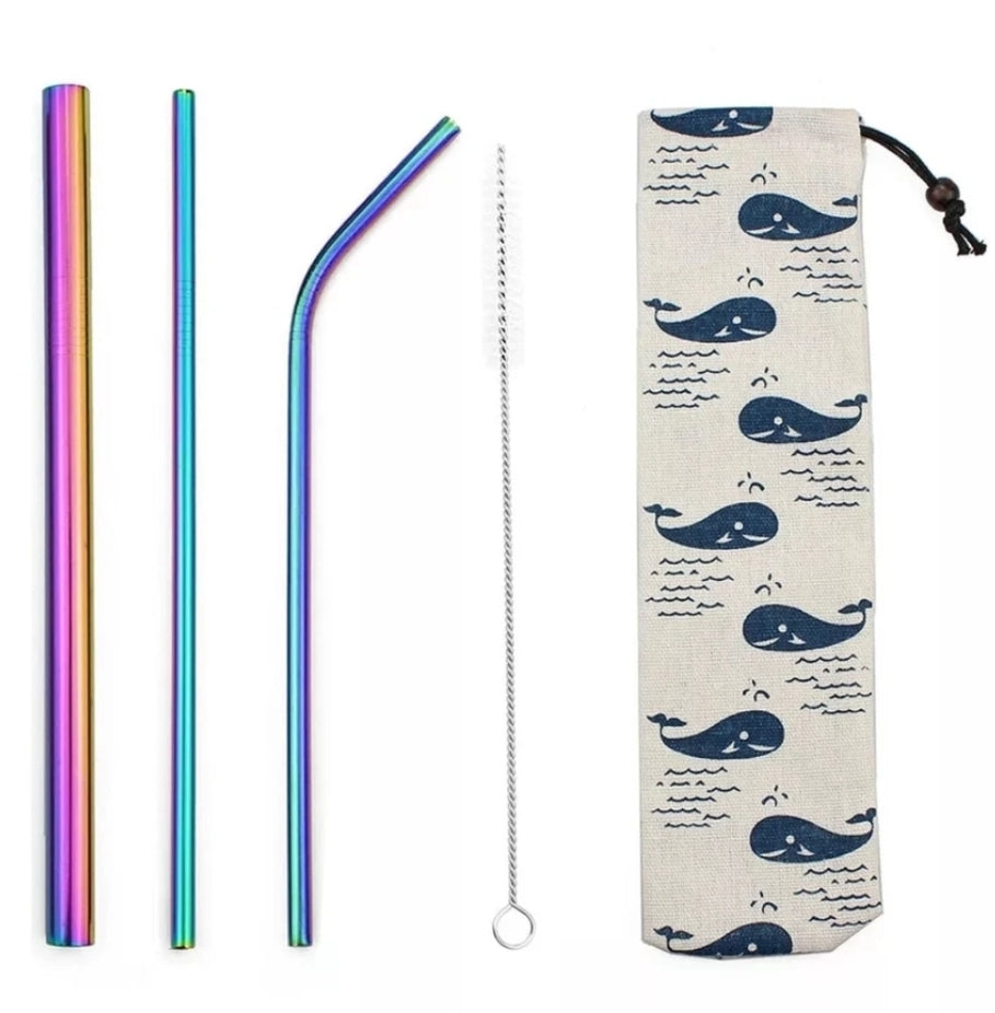 Eco- Friendly Metal Re-Usable Straws - Rainbow in Whale Pouch