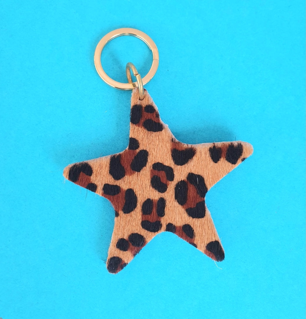 Leather Star Keyring - Leopard Print