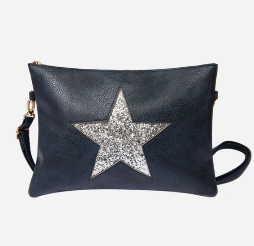 The stunning Sparkle Star Clutch Bag - Silver Star on Navy