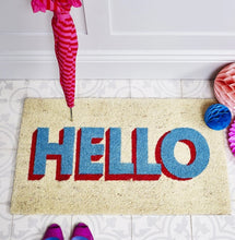 Load image into Gallery viewer, Bright Hello Doormat - Turquoise &amp; Red
