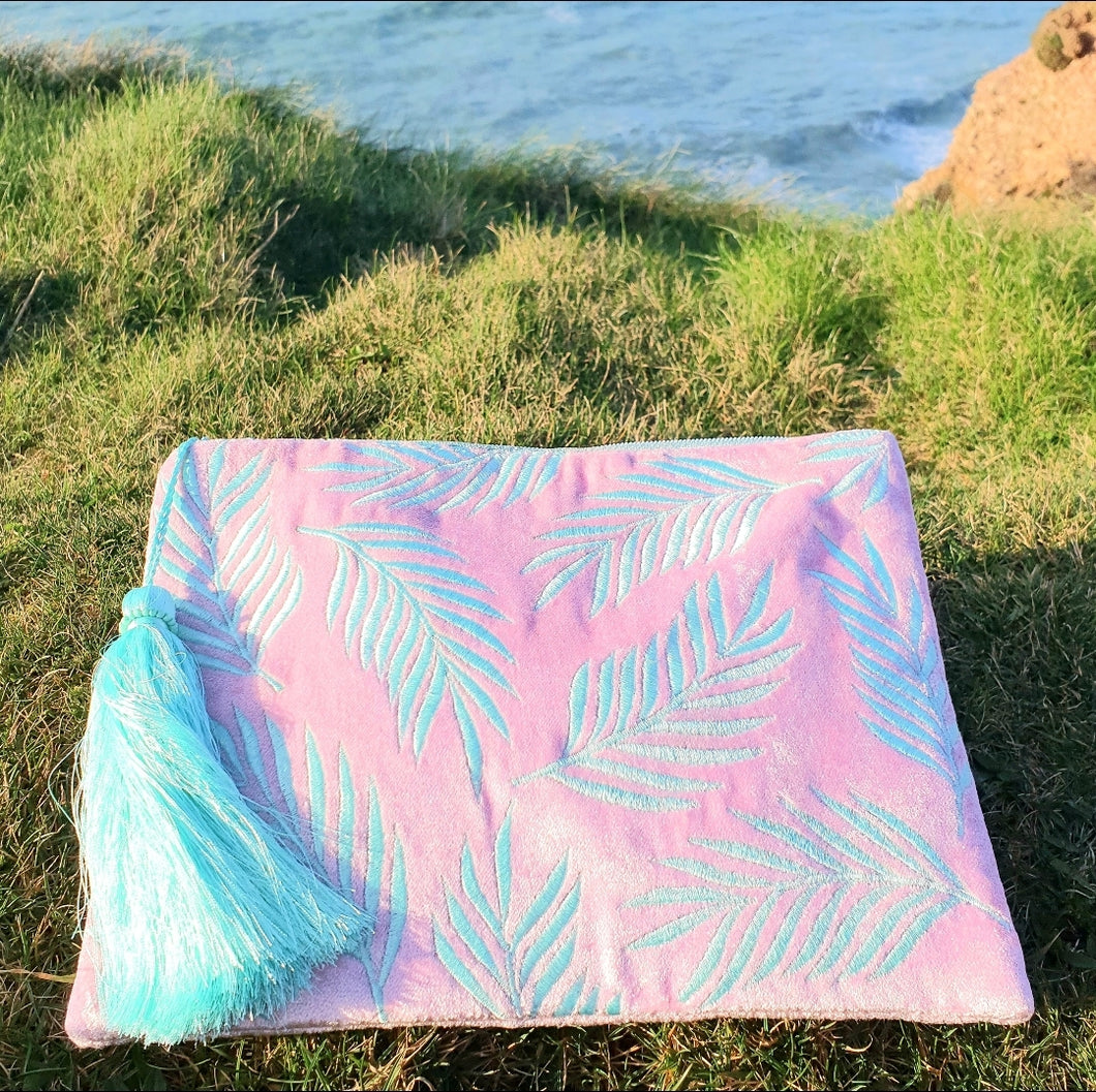 Pink & Mint Palm Clutch Bag