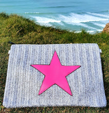 Load image into Gallery viewer, Grey with Hot Pink Star Rattan Clutch Bag
