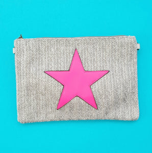 Grey with Hot Pink Star Rattan Clutch Bag