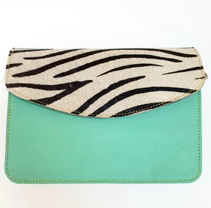 Nephele Leather Crossbody / Clutch Bag - Mint & Zebra Print