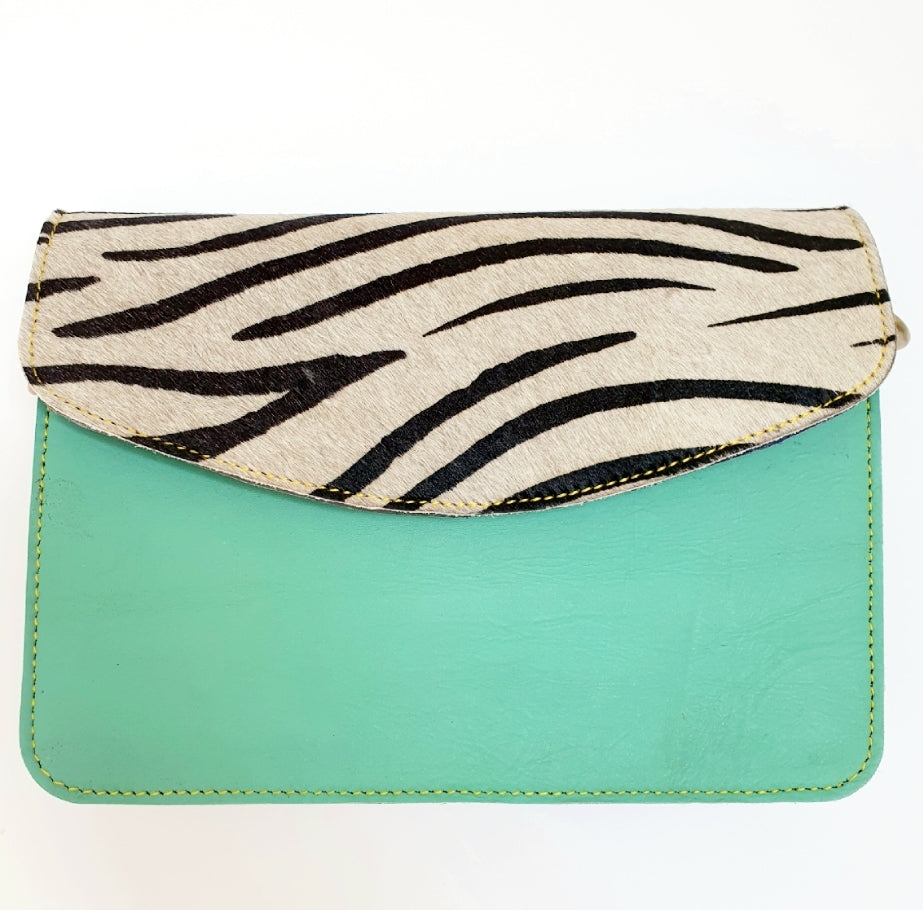 Nephele Leather Crossbody / Clutch Bag - Mint & Zebra Print